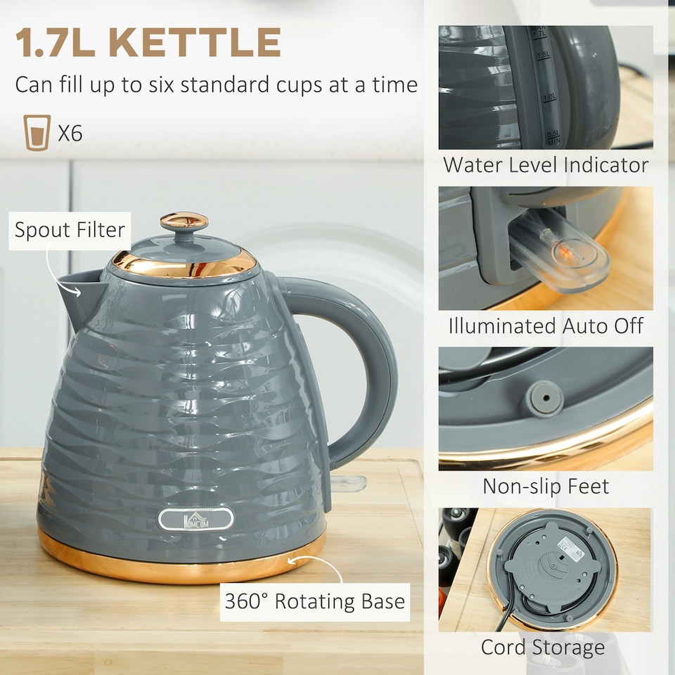 image 1 of HOMCOM Kettle and Toaster Set 1.7L Rapid Boil Kettle & 2 Slice Toaster Grey