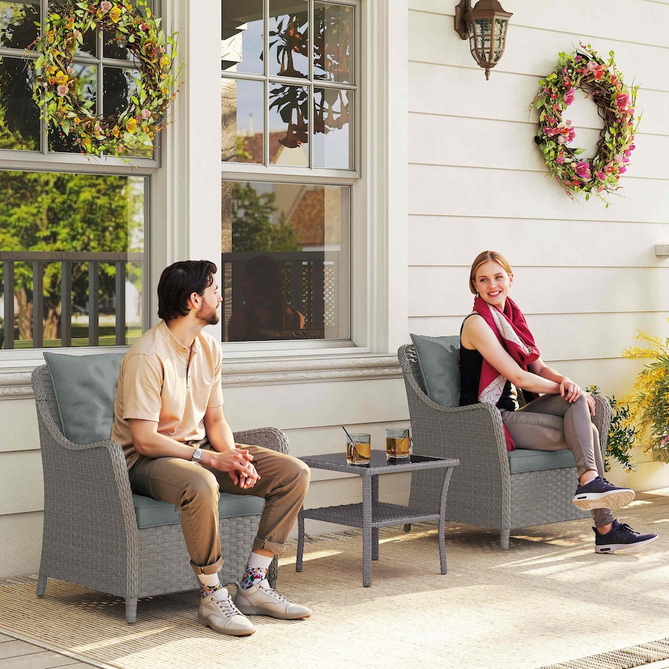 image 1 of Outsunny 2 Pieces Rattan Garden Chairs, Cushioned Rattan Chairs, Light Grey