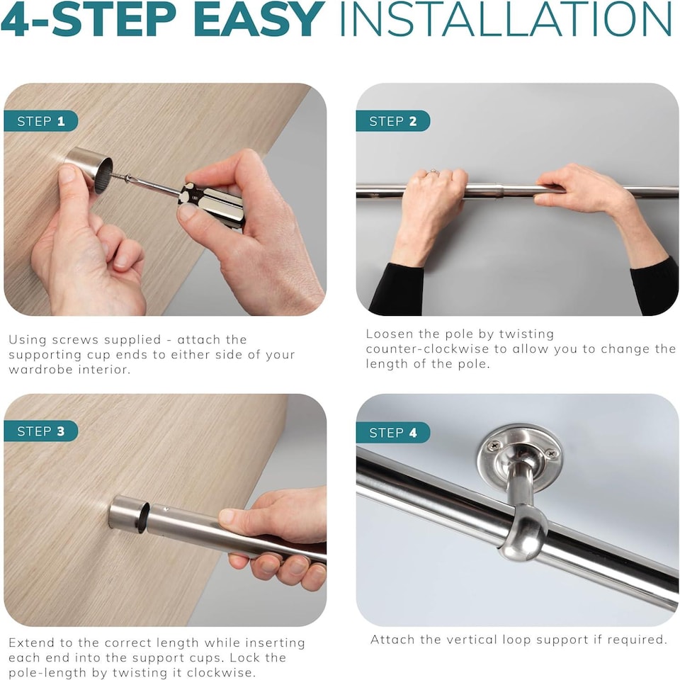 image 1 of House of Home Extendable Wardrobe Pole 70-123CM Adjustable Rail Hanger Steel Heavy Duty Easy Assemble | Chrome