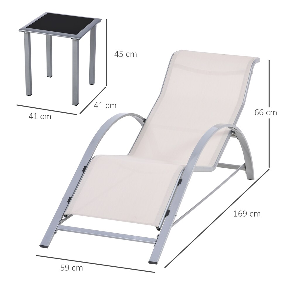 image 1 of Outsunny 3 Pieces Sun Lounger Chair Set, Metal Frame Outdoor Garden Recliner Chairs with Glass Top Side Table and Armrests for Patio, Cream White