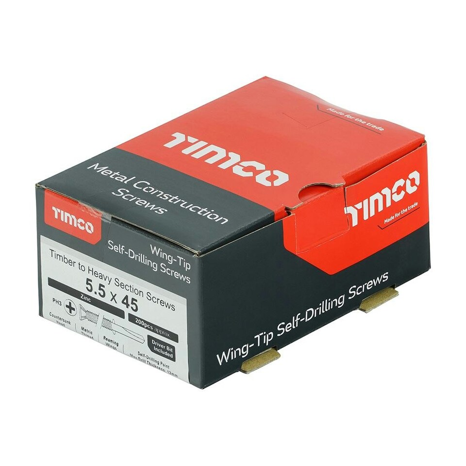 image 1 of Timco - Metal Construction Timber to Heavy Section Screws - Countersunk - Wing-Tip - Self-Drilling - Zinc (Size 5.5 x 45 - 200 Pieces)