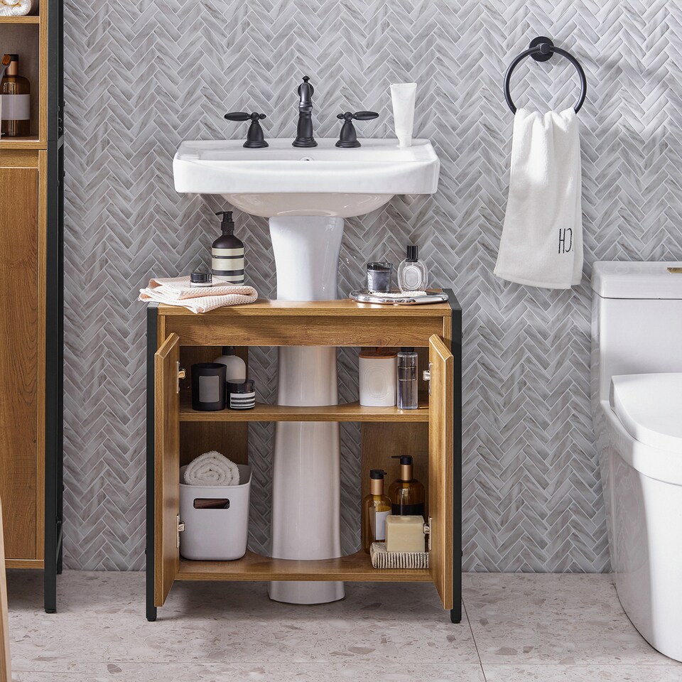 image 1 of SoBuy Slim Under Sink Bathroom Cabinet with 2 Doors & Shelf, Light Brown, 23.6x11.8x23.6 inches, 13.85 kg - BZR63-II-PF