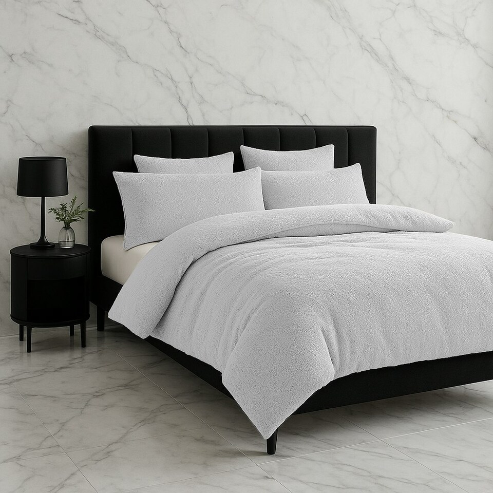 image 1 of Teddy Bear Fleece Soft Cosy Duvet Cover + Pillow Case Set White | Single