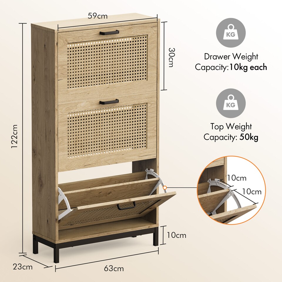image 1 of VonHaus Rattan Shoe Storage Cabinet for Hallway with 3 Tier Drawers
