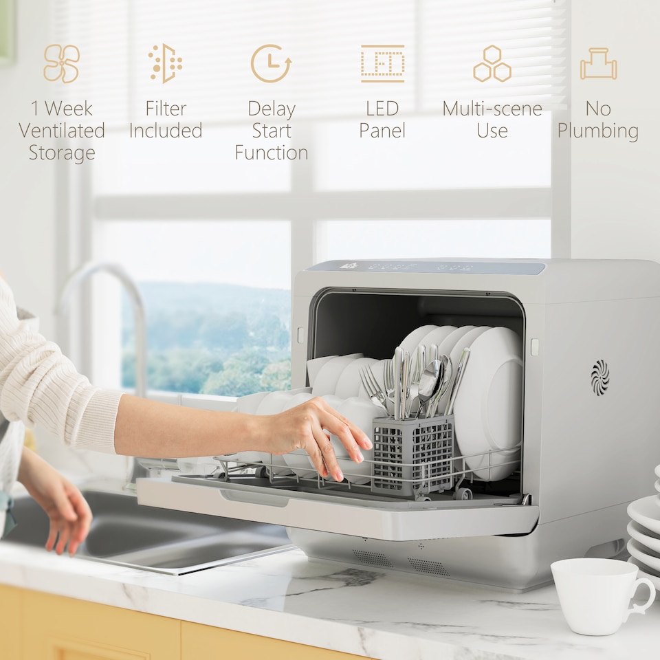 image 1 of HOMCOM Table Top Dishwasher, Mini Countertop Dishwasher No Plumbing with Built-in 6L Water Tank, 6 Programs, Touch Control, LED Display, 4 Place Settings, Dual Water Supply and Fruit Wash, Silver Tone