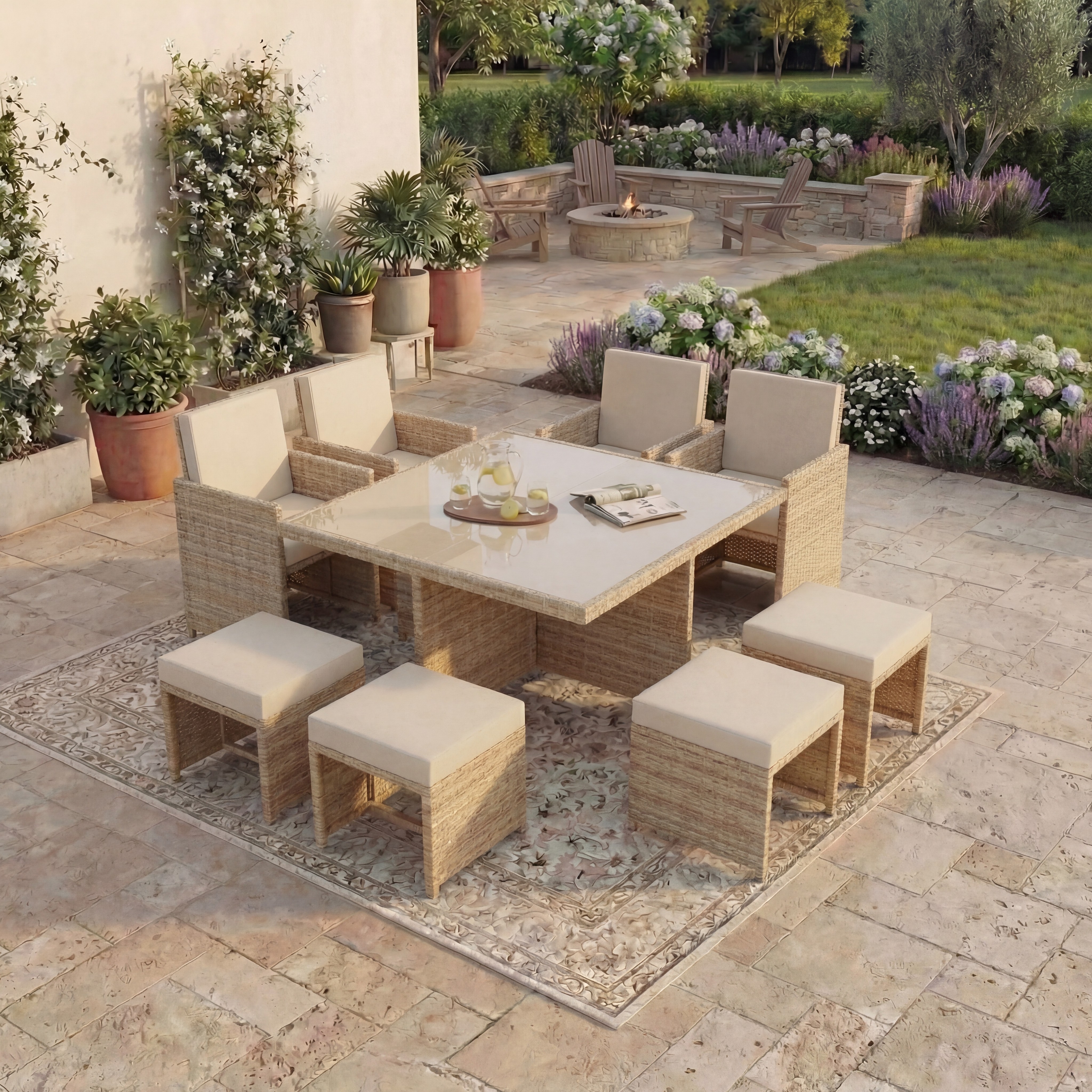 Garden Vida Cuba 8 Seater Rattan Set Folding Chair Stool Dining Table Outdoor Garden Furniture, Natural