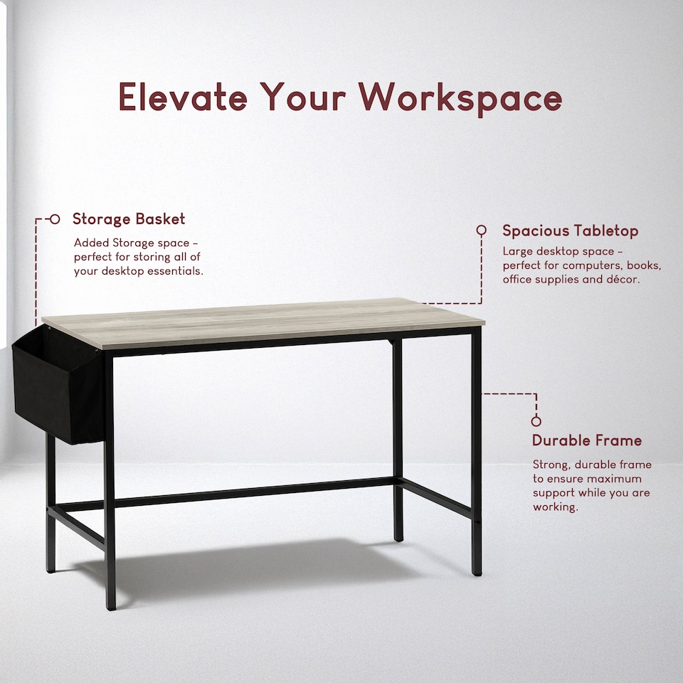 image 1 of Vida Designs Brooklyn Large Computer Desk With Storage Basket Home Office Workstation, Grey