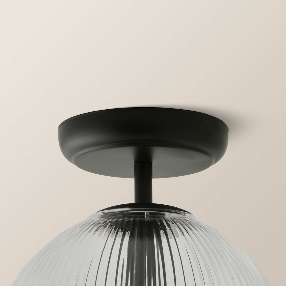 image 1 of ValueLights Kempton Black Flush Ceiling Light Ribbed Globe Shade and Bulb