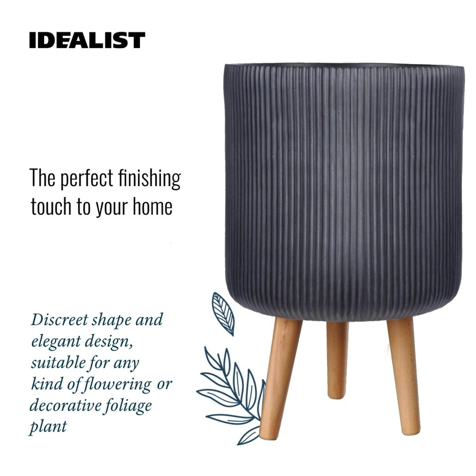 image 1 of Ribbed Black Cylinder Planter on Legs, Round Pot Plant Stand Indoor D25.5 H36 cm, 10.4 ltrs Cap.