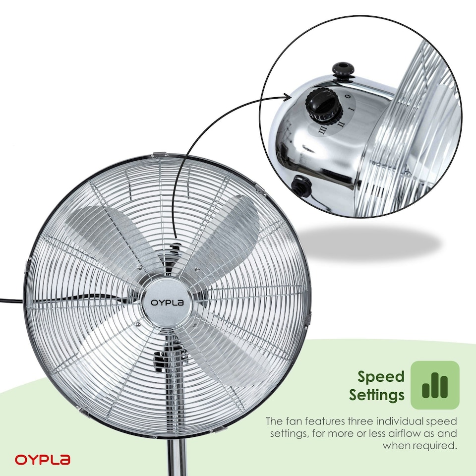 image 1 of Oypla Electrical 16" Inch 40cm Chrome Metal Pedestal 3 Speed Stand Fan Cooling