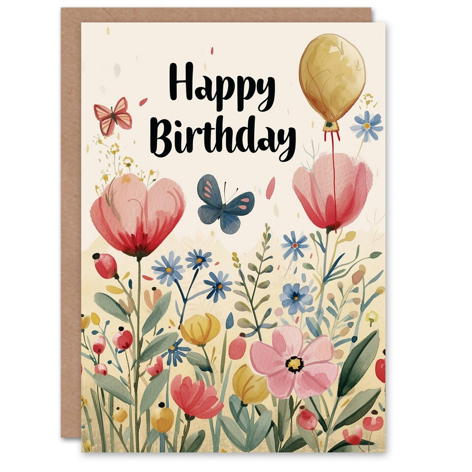 image 1 of Spring Flower Meadow Butterflies Balloon Her Birthday Card
