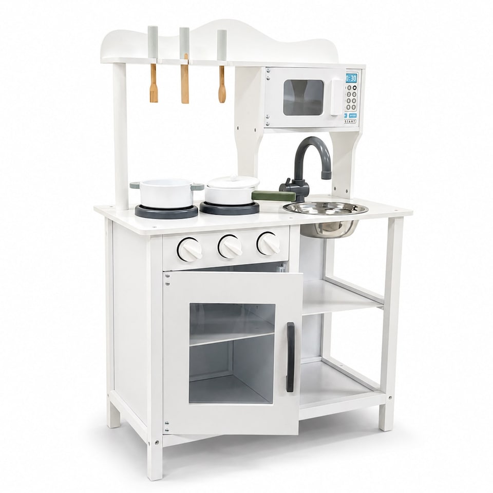 image 1 of Childrens Kids Roleplay Wooden Play Kitchen Cooking Playset with Utensils
