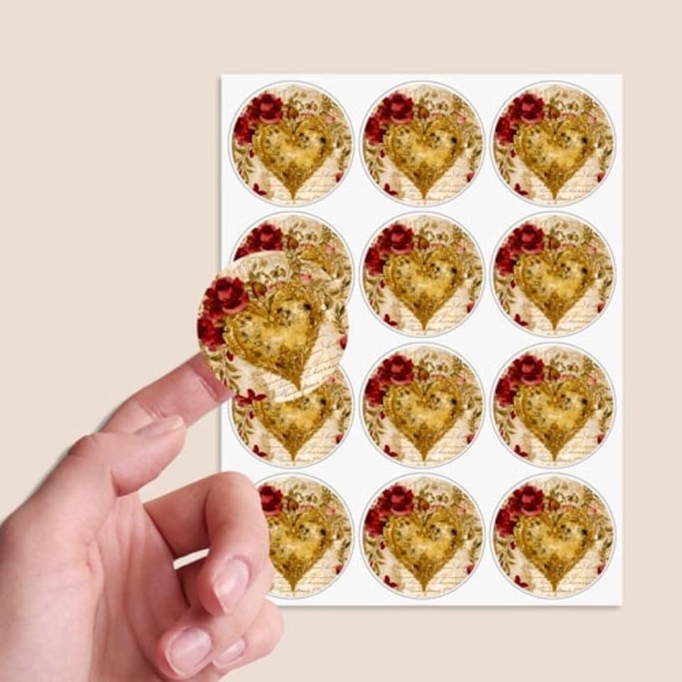 image 1 of Vintage Gold Heart Round Stickers 60mm - Sheet of 12
