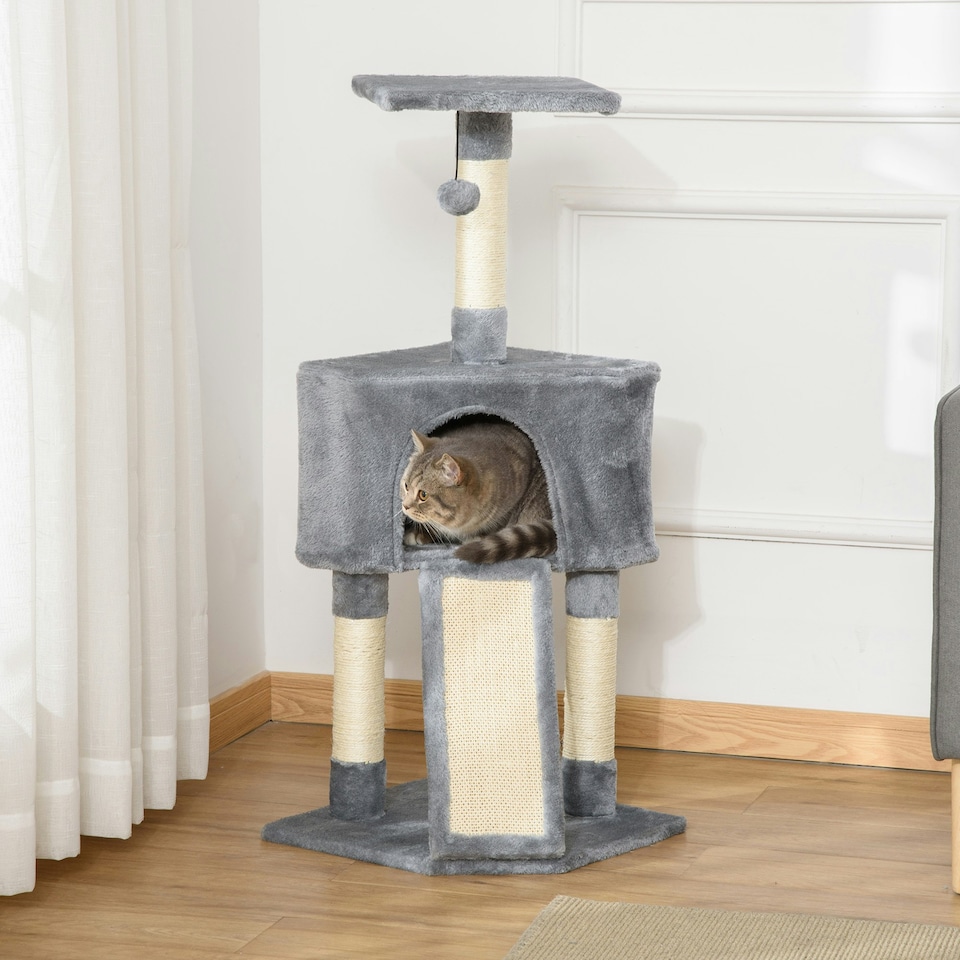 image 1 of PawHut Kitten Tower Corner Cat Tree w/Scratching Post House Ladder Toy Grey