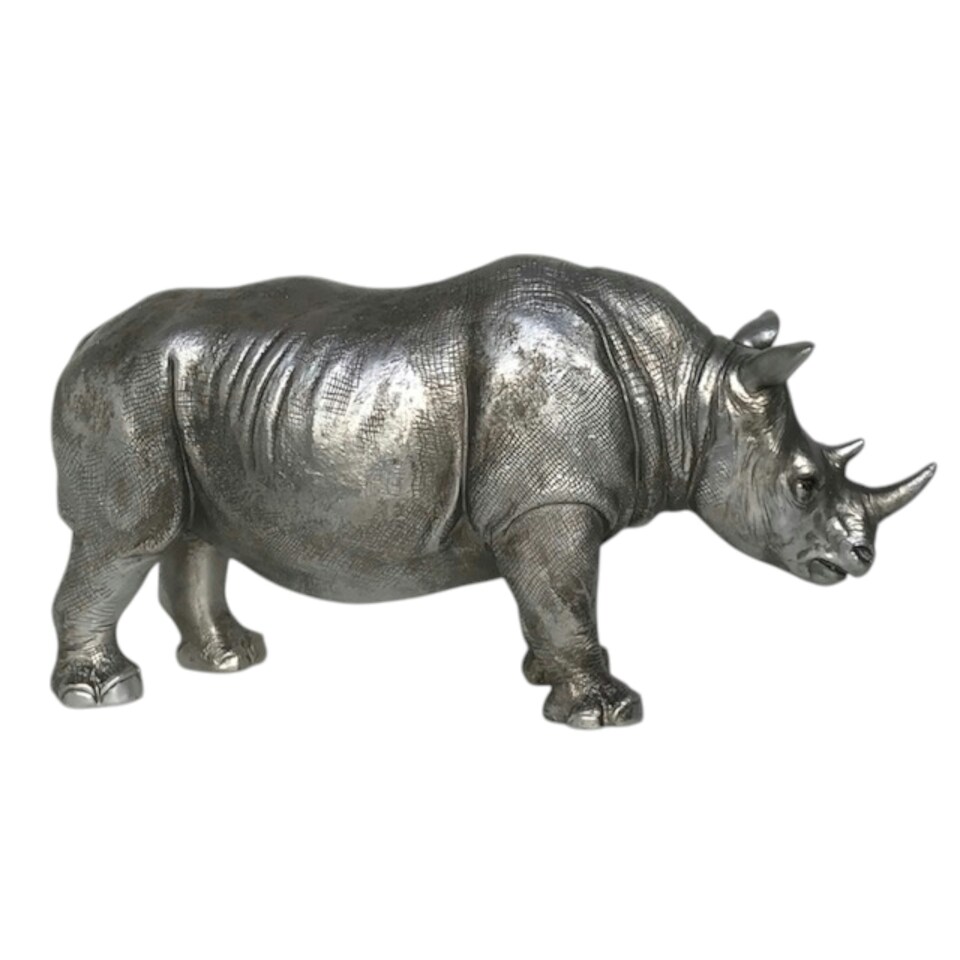 image 1 of 26cm Rhino ornament, heavy antique silver effect, great safari animal-lover gift