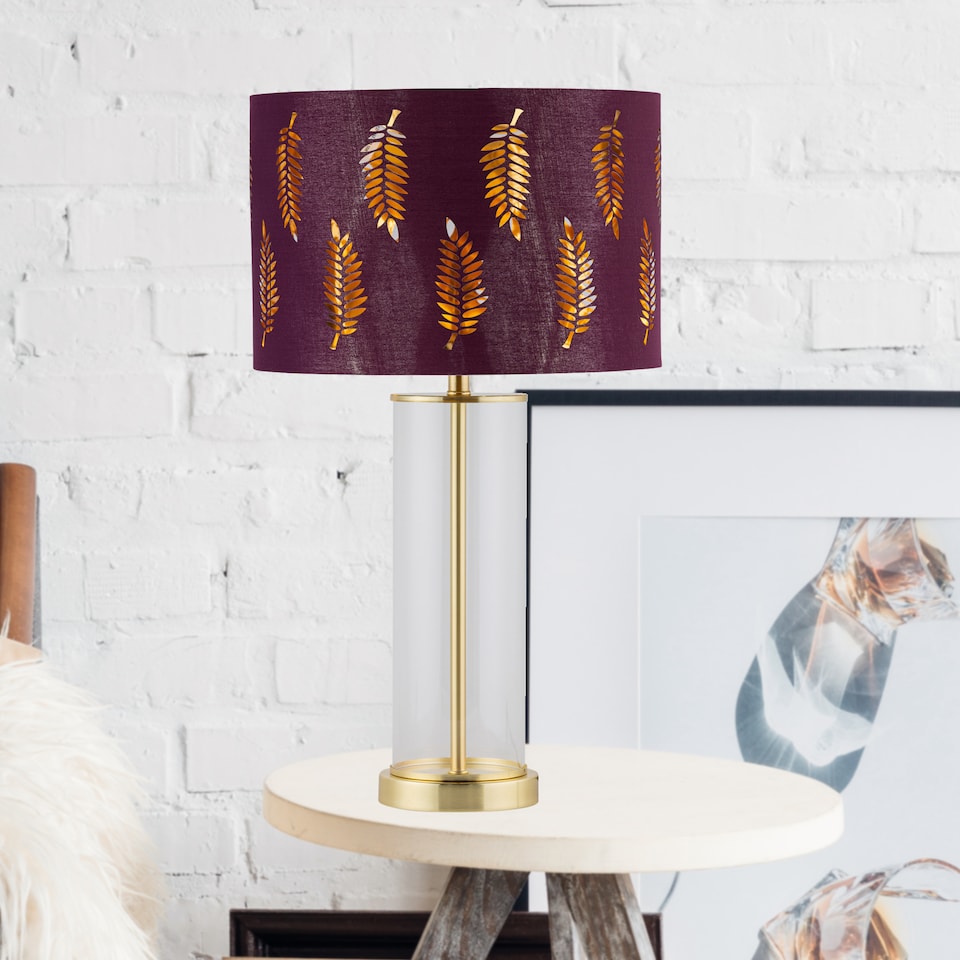 image 1 of Aura - Satin Brass Table Lamp with Burgundy Fern Cut Out Shade