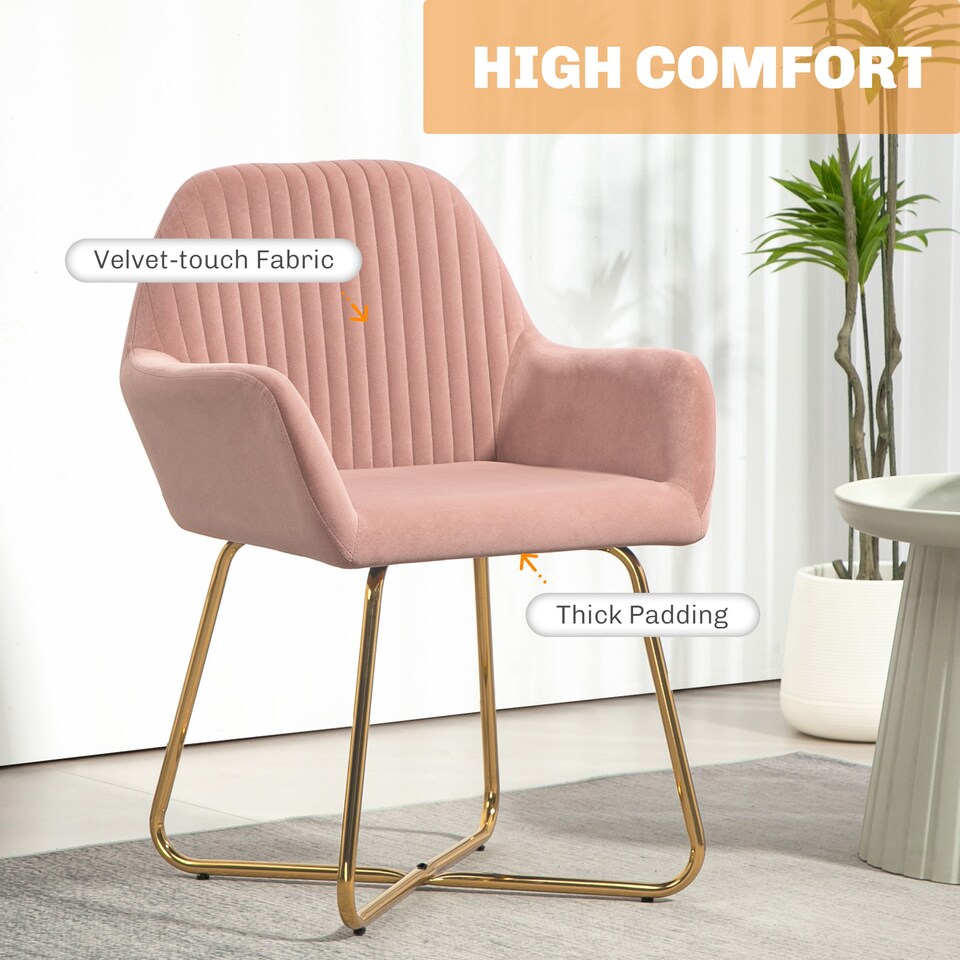 image 1 of HOMCOM Modern Accent Chair, Velvet-Touch Fabric Upholstered Armchair with Metal Base for Living Room, Bedroom and Dinning Room, Pink