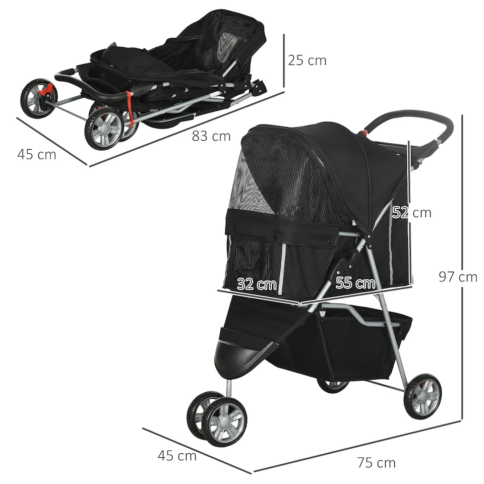 image 1 of PawHut Pet Stroller Pushchair Carrier for Cat Puppy with 3 Wheels Black