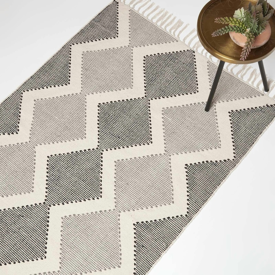 image 1 of Homescapes Malmo Handwoven Grey and Black Cotton Textured Rug - 90 x 150 cm | Grey | Grey, White