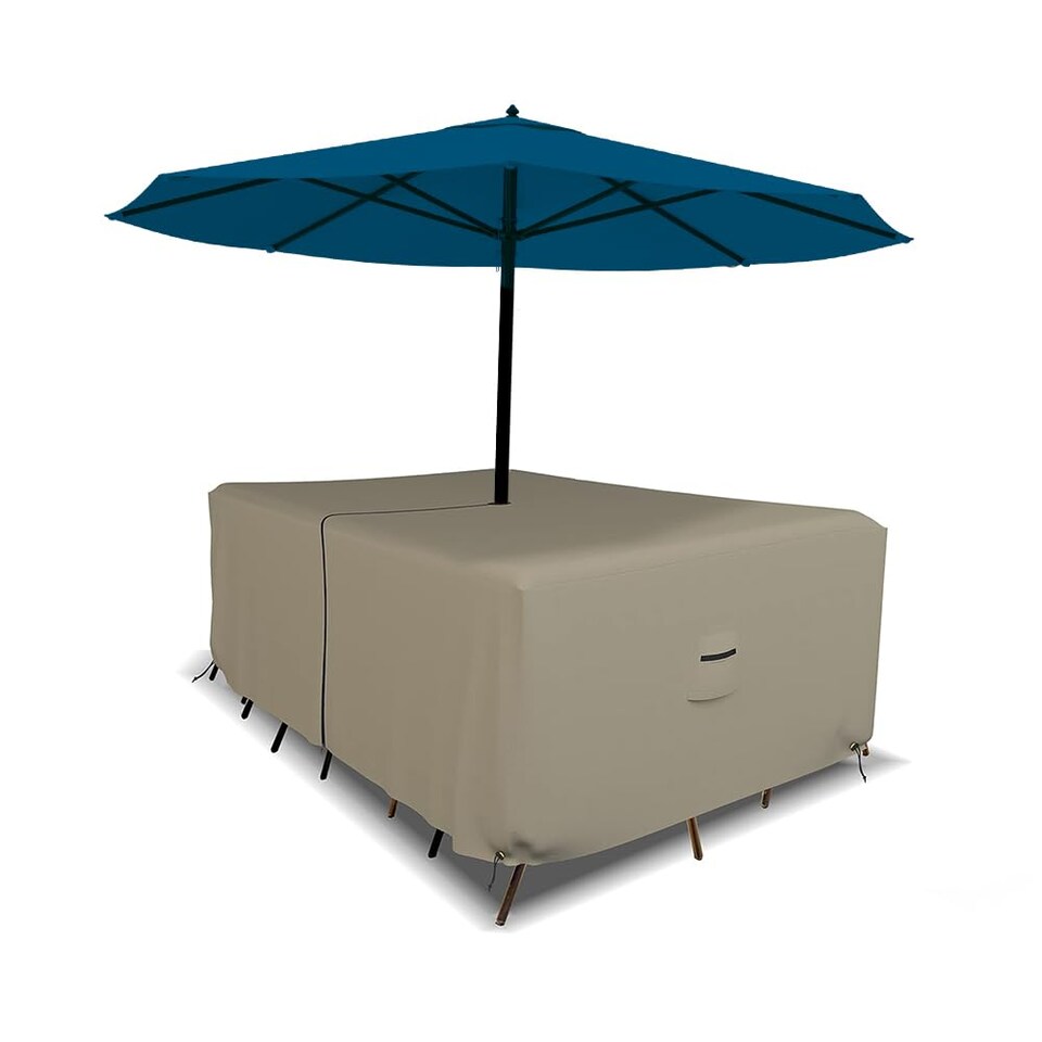 image 1 of Covers&All Rectangle Table & Chair Set Cover, Umbrella Hole, 12 Oz Waterproof UV & Weather Resistant, 108 in L x 82 in W x 23 in H, Beige