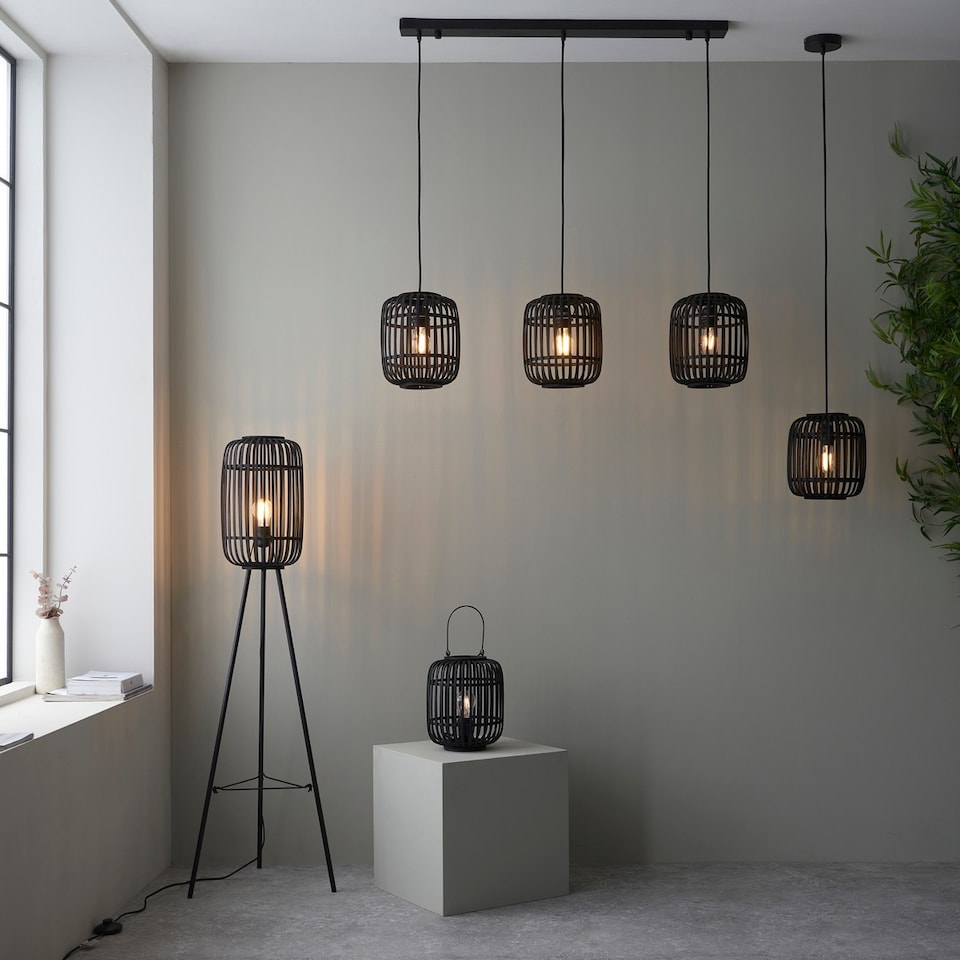 image 1 of Mathias Single Pendant Ceiling Lamp, Dark Bamboo, Plywood With Matt Black Paint