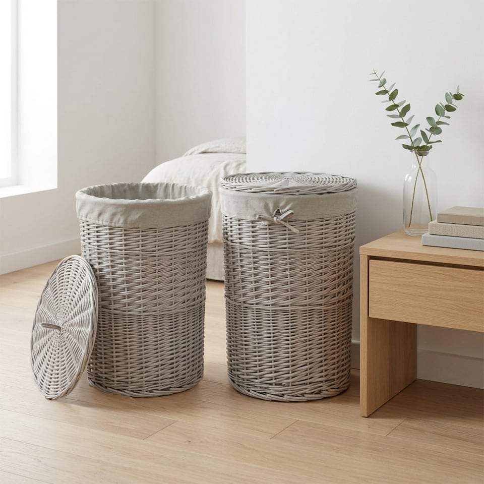 image 1 of Wicker Laundry Hamper Basket, Laundry Basket with Lid, Round Washing Baskets, Wicker Wash Baskets with Lining Bathroom Storage (Grey, Large)