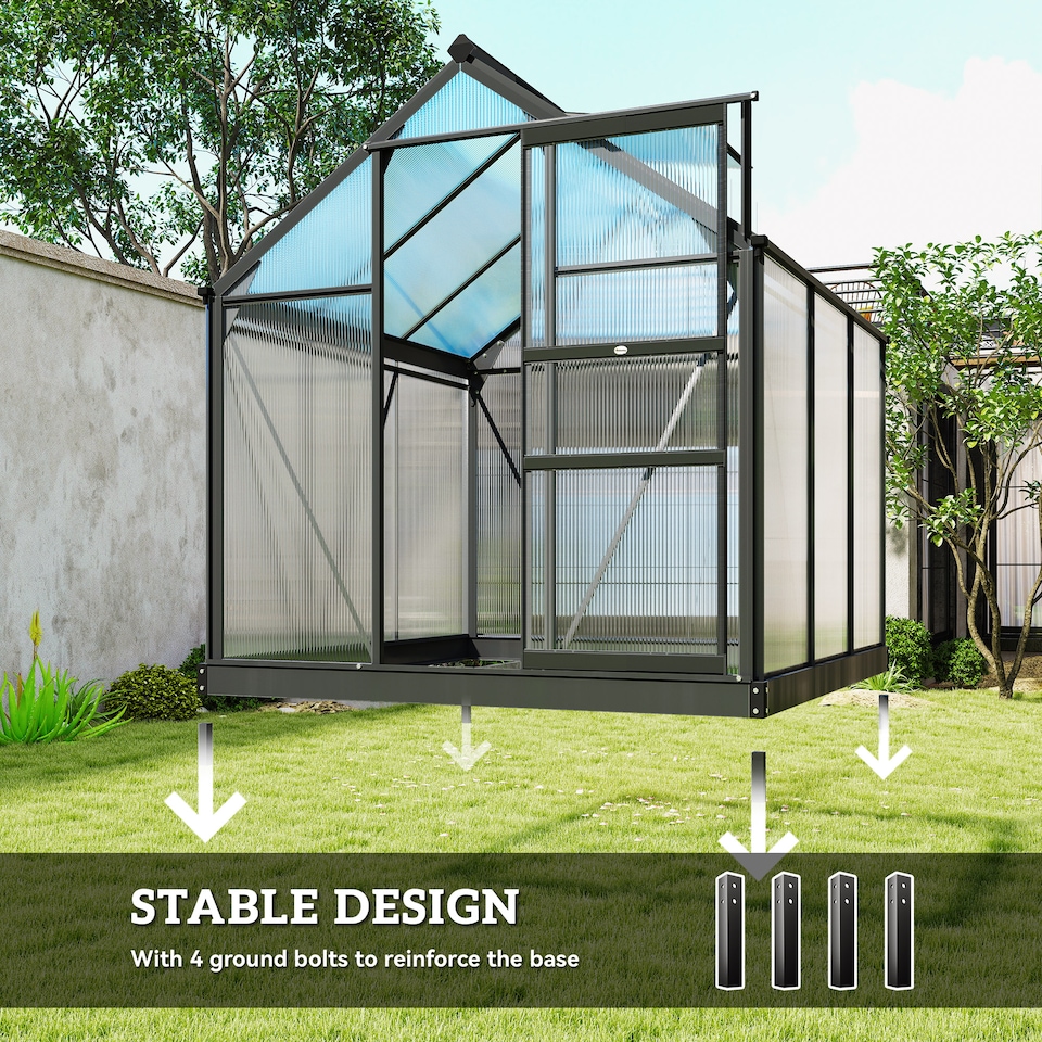 image 1 of Outsunny 6x6ft Walk-In Polycarbonate Greenhouse Plant Grow Galvanized Aluminium | Grey