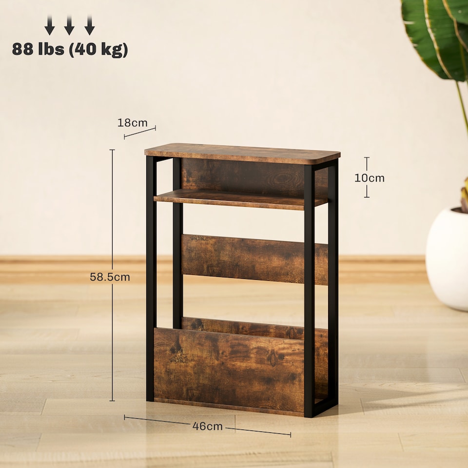 image 1 of HOMCOM Industrial Side Table, Narrow Bedside Table with 2 Storage Shelves and Metal Frame for Living Room, Bedroom, Rustic Brown | Brown