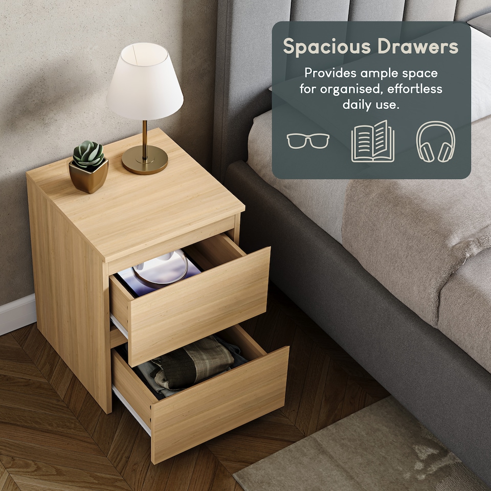 image 1 of Vida Designs Denver 2 Drawer Large Bedside Chest Cabinet Table Nightstand, Pine