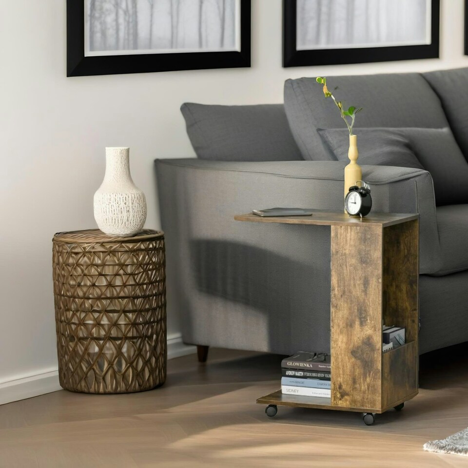 image 1 of Industrial Brown C Shaped Side Table With Storage & Wheels Brown
