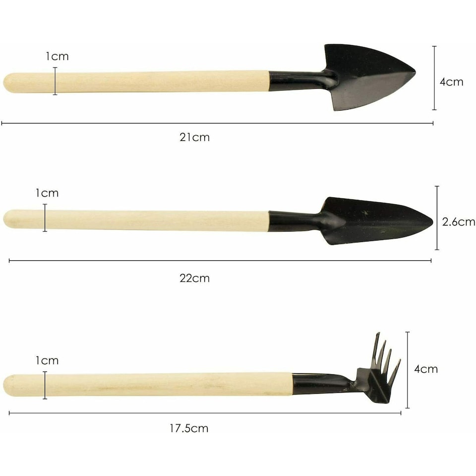 image 1 of 3 Piece Mini Gardening Tool Set | Metal Hand Rake Trowel and Shovel with Wooden Handles