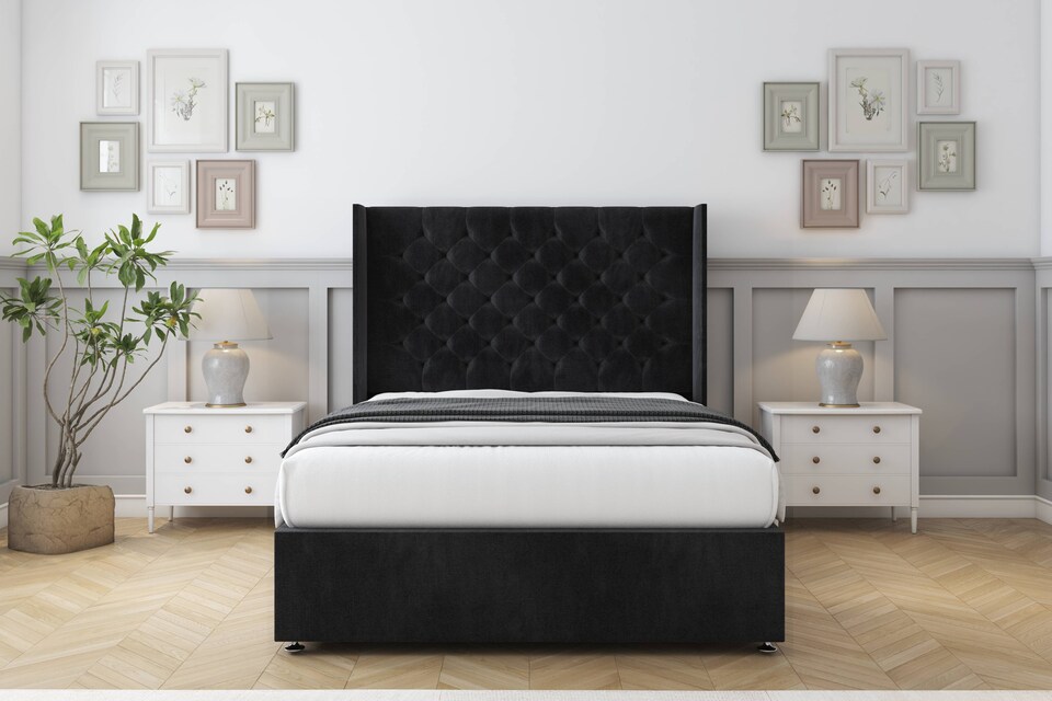 image 1 of Sloomy Dior Black Naples Divan Bed Base No Drawers With 54 Inch Wingback Headboard | Black | Black | Single | 1
