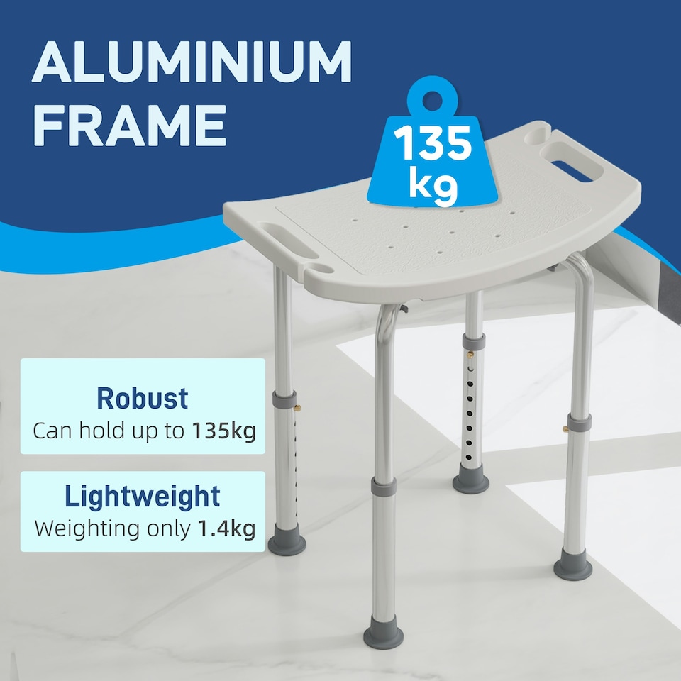 image 1 of HOMCOM Aluminium Shower Stool w/ Adjustable Height Non-Slip Bath Stool White