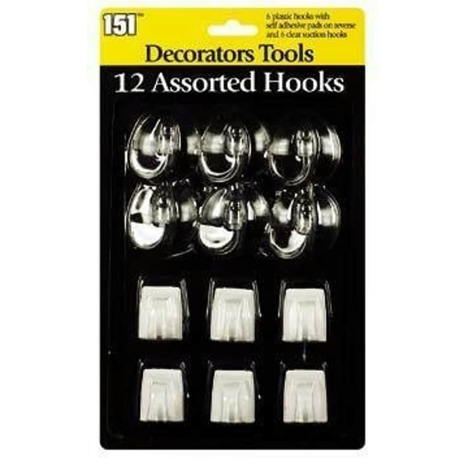 image 1 of 12 Assorted Hooks - 6 Suction Hooks 6 Self Adhesive Plastic Hooks