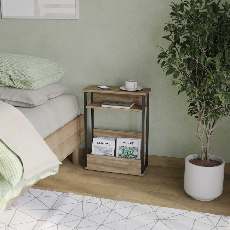 image 1 of 3 Tier Slim Coffee Side Table Newspaper Magazine Shelf Rack Bedside Sofa End | Brown | Oak | H-62.5cm | 1