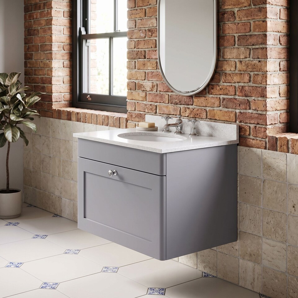 image 1 of Balterley Swynnerton Traditional 1 Drawer Wall Hung Vanity Unit with Marble Basin, Satin Grey, 600mm