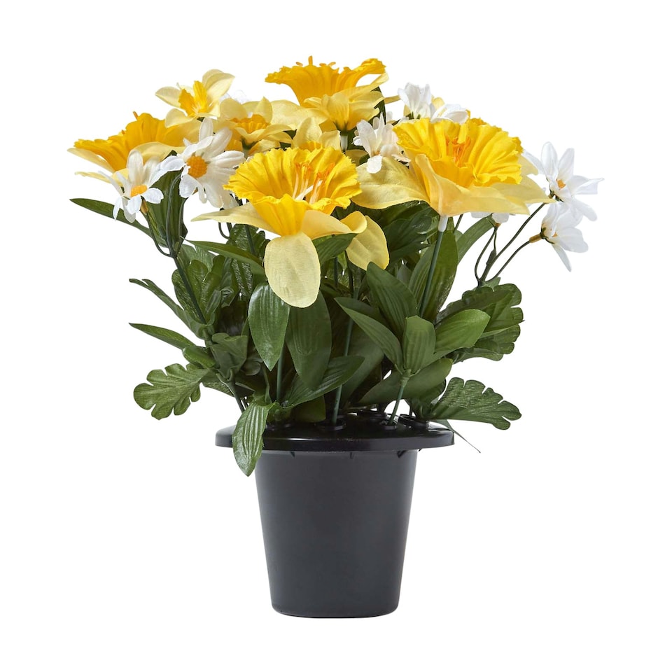 image 1 of Homescapes Set of 2 Yellow & Orange Narcissus & Daisy Artificial Flowers in Grave Vases