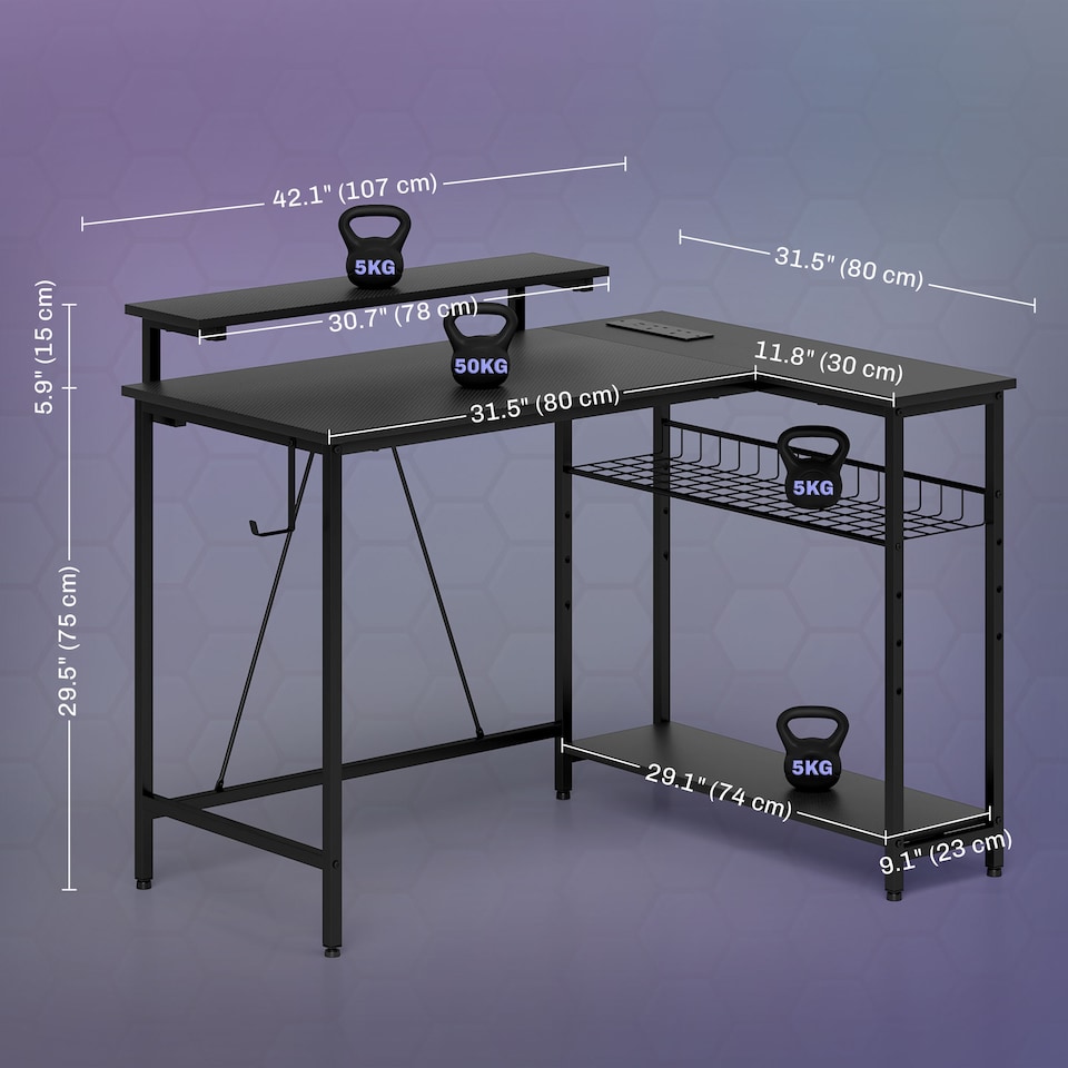 image 1 of HOMCOM L Shaped Gaming 107cm Corner Desk with LED Lights and Storage, Black
