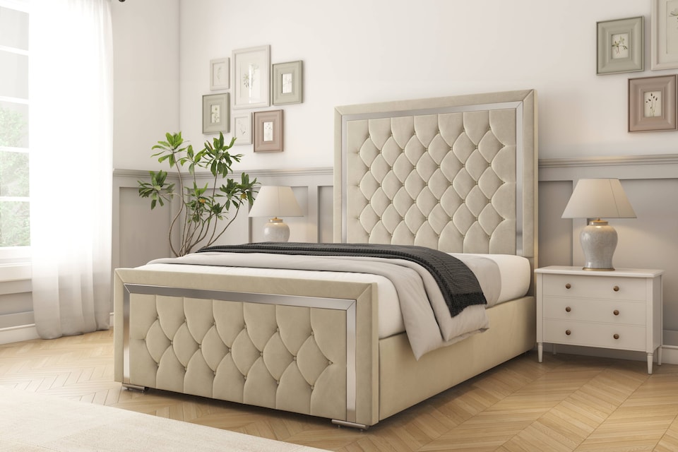 image 1 of Sloomy Sofia Chrome Cream Plush Bed Frame With 50" Upholstered Headboard 4' Small Double
