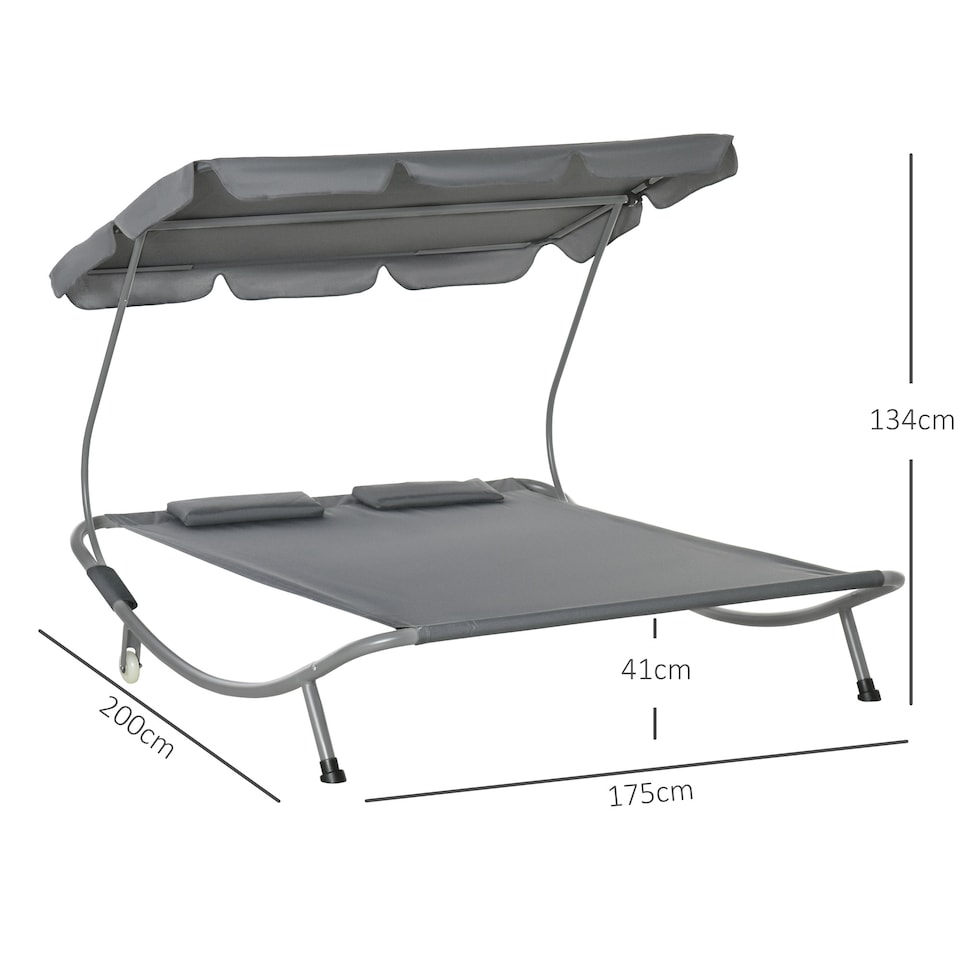 image 1 of Outsunny Double Sun Lounger with Adjustable Detachable Canopy, Portable Garden Daybed for 2 with Wheels, Outdoor Sunbed Hammock with 2 Pillows, 220 KG Max. Load, Grey