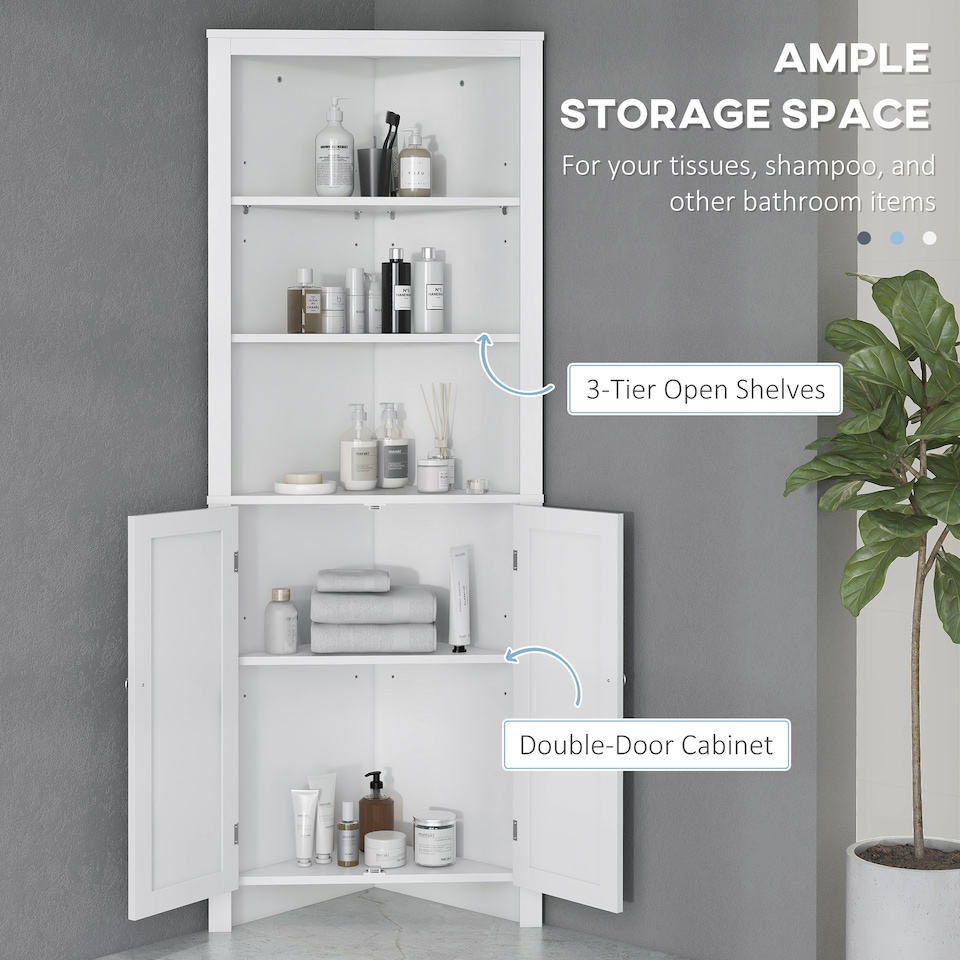 image 1 of kleankin Triangle Bathroom Cabinet, Corner Bathroom Storage Unit with Cupboard and 3-Tier Shelves, Free Standing, White
