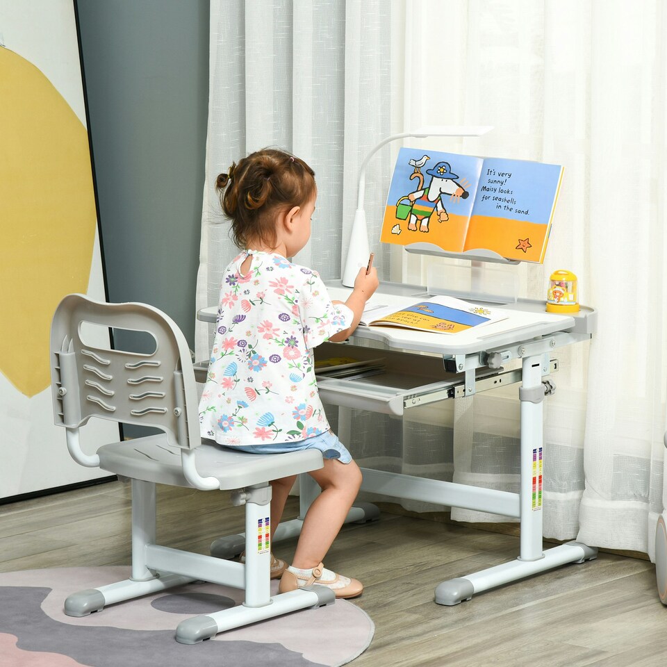 image 1 of HOMCOM Kids Study Desk and Chair Set w/ USB Lamp, Adjustable Height, Blue 