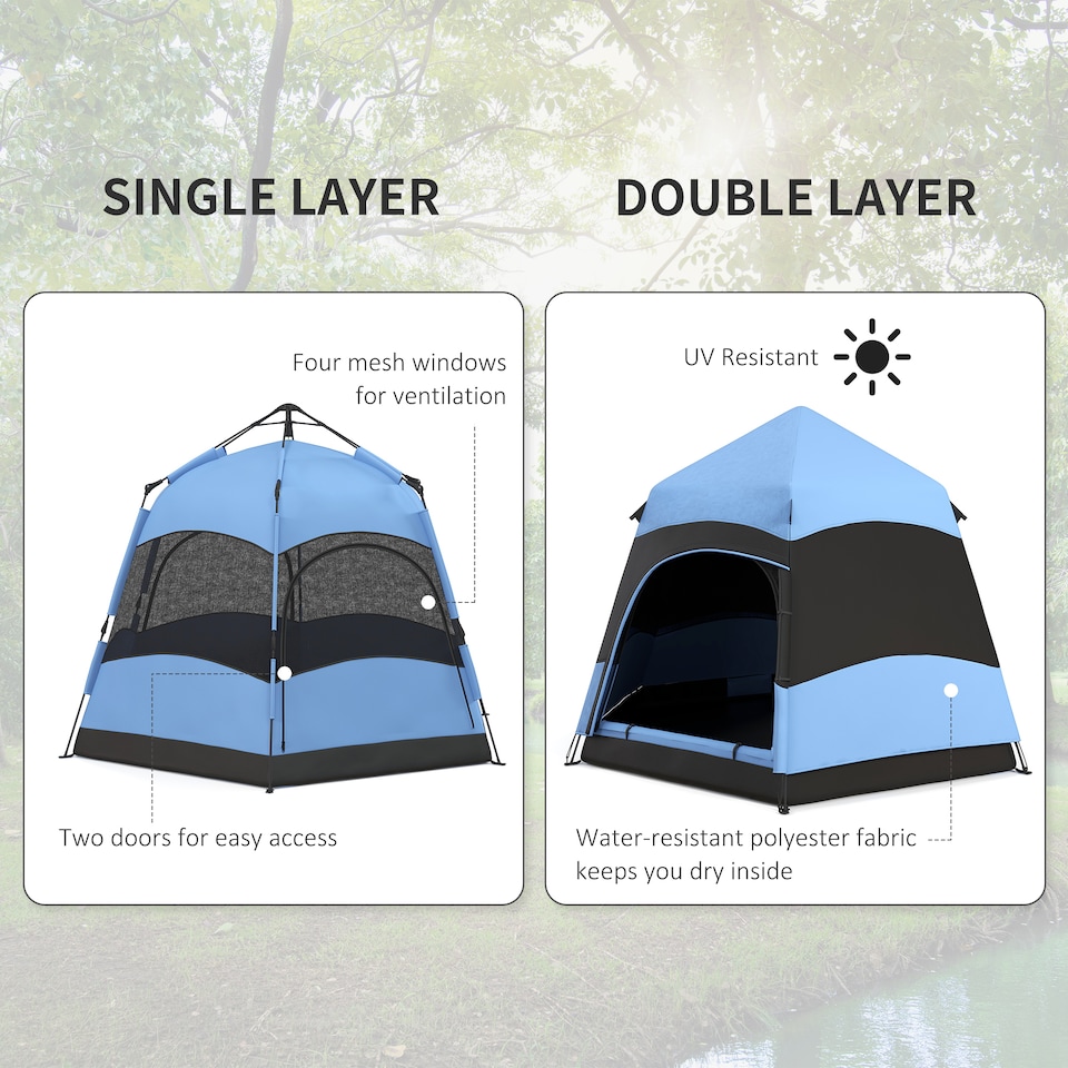 image 1 of Blue 4 Person Dual Layer Pop Up Camping Tent with Rainfly Outsunny