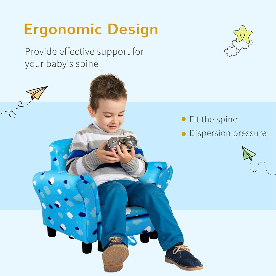 image 1 of HOMCOM Kids Armchair Children Mini Sofa Wood Frame w/ Footrest Cute Cloud Star Blue