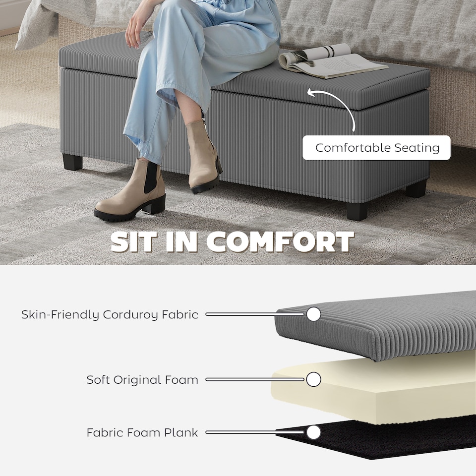 image 1 of HOMCOM Storage Ottoman Bench, Corduroy Footstool with Removable Lid and Legs, 112cm Storage Chest Bofor Living Room, Bedroom, Hallway, Grey | Grey