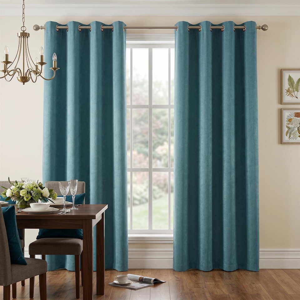 image 1 of Velvet Chenille Eyelet Curtains Ready Made Pair - 142cm x 137cm - Teal