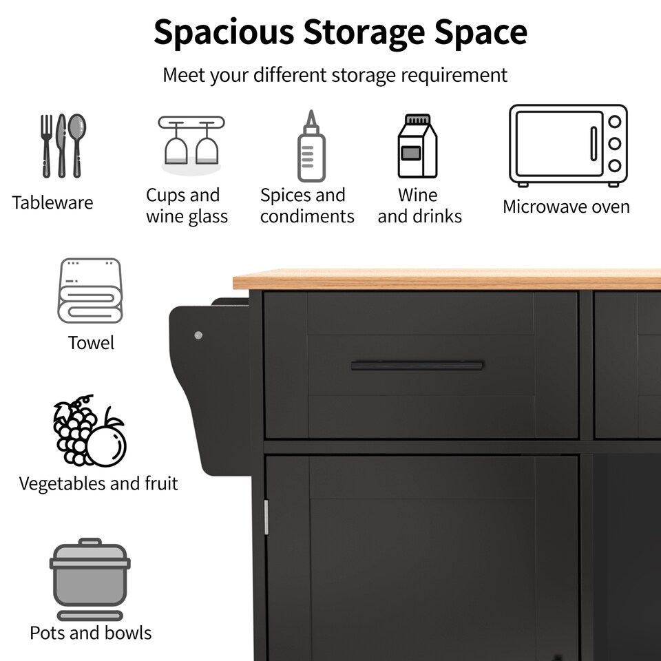 image 1 of VILUXE Mobile Kitchen Island with Foldable Marble-Effect Worktop, 3 Drawers, Adjustable Storage, Towel Holder, Wheels and Solid Wood Feet, Black and Natural Wood
