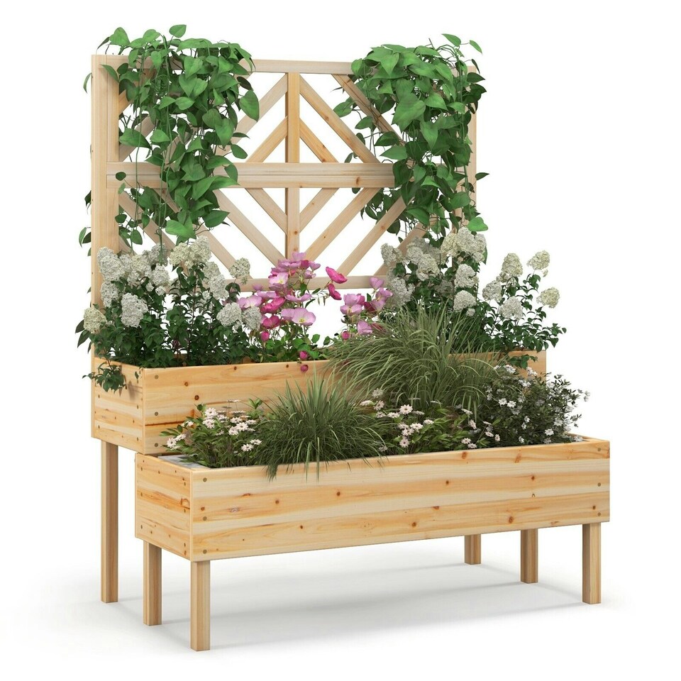 image 1 of COSTWAY Raised Garden Bed w/Trellis Elevated Planter Box Natural