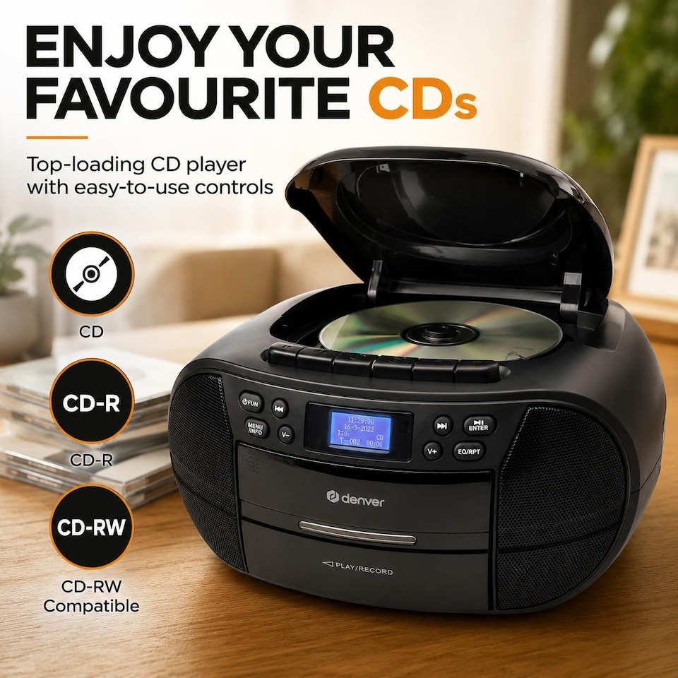 image 1 of Denver Portable Radio CD Tape Cassette Player With DAB Radio – Mains or Battery Power - TDC-280 | Black