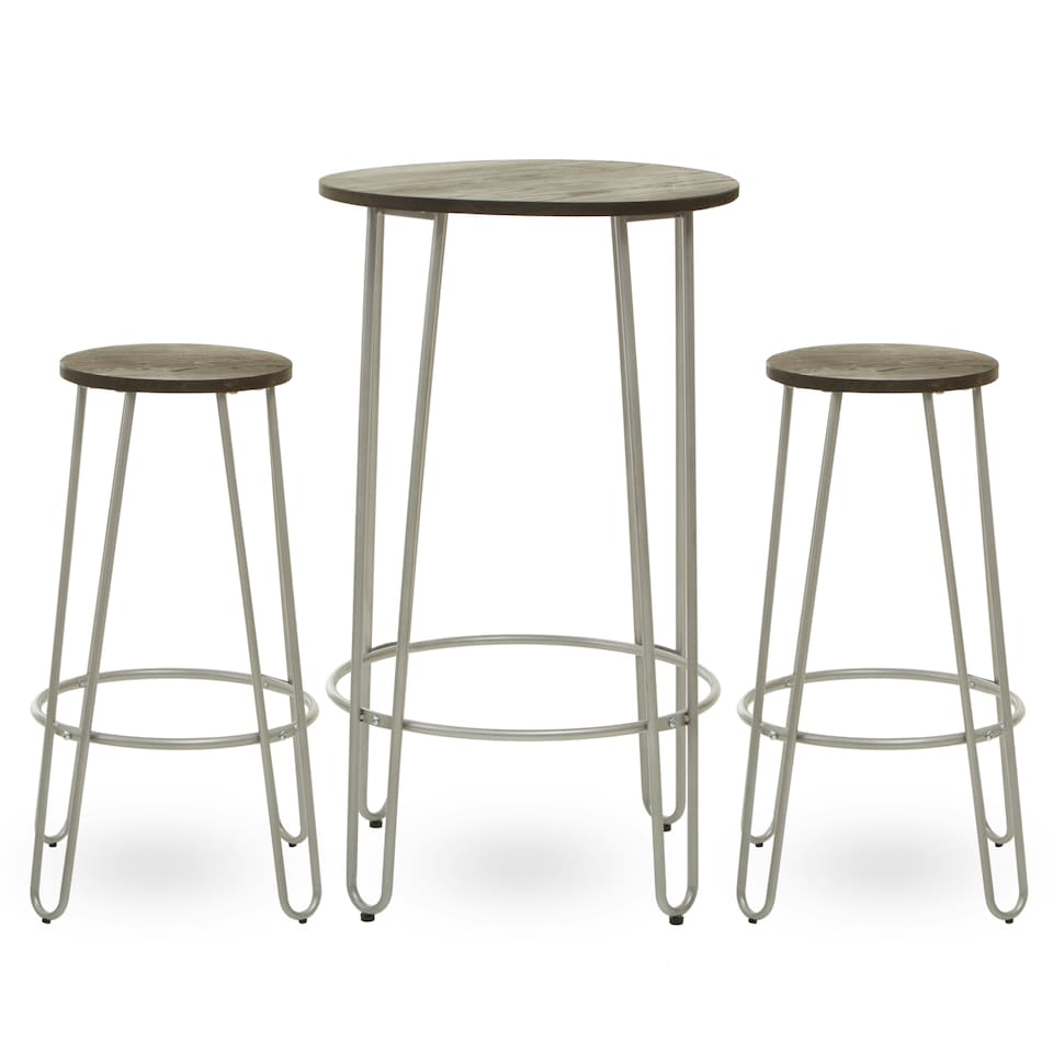 image 1 of Interiors by Premier Set of 3 Silver Frame Bar Table Stool Set , Hairpin Stool for Kitchen Counter, Elm Wood Metal Frame Stool